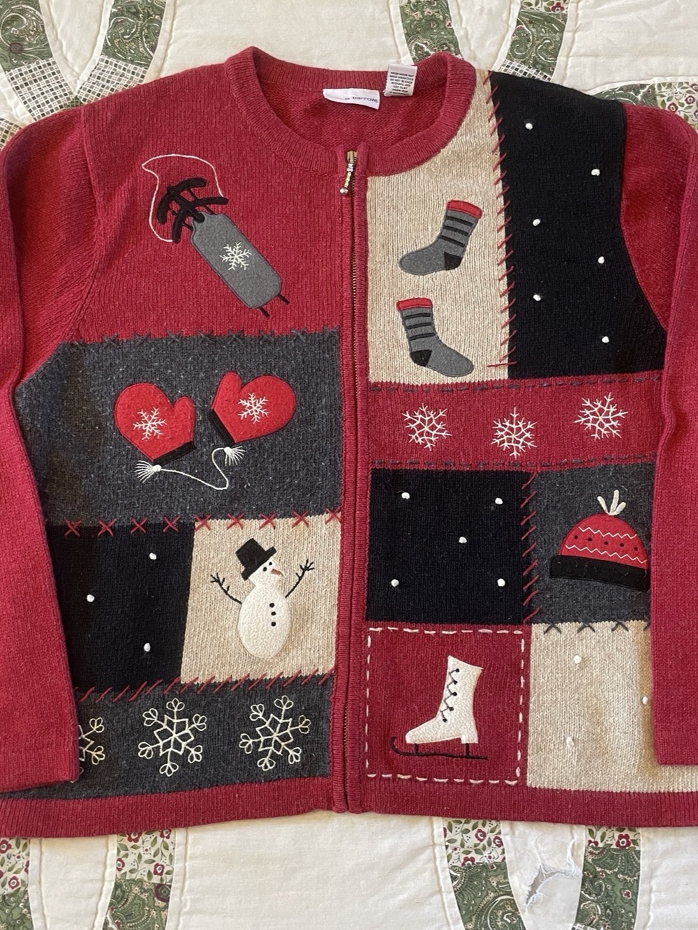 Vintage Croft & Barrow Christmas Patchwork Winter Sweater Full-Zip Extra Large